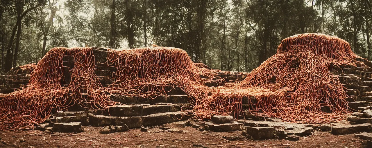 Image similar to an ancient aztec temple in the middle of the forest covered in spaghetti and meatballs, with parmesan cheese, canon 5 0 mm, cinematic lighting, photography, retro, film, kodachrome