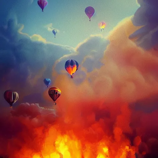 Prompt: colorful hot air balloons float over a fiery battlefield of smoke, fantasy, concept art, colorful, vivid