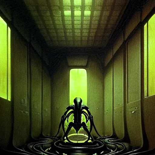 Image similar to black glossy xenomorph, alien movie, endless abandoned office cubicles, pale yellow wallpaper, moist brown carpet, dim fluorescent lighting, artstation, ultra detailed, creepy, dramatic lighting, photorealistic, art by h. r. giger and chris foss and beksinski carl spitzweg. baroque elements. baroque element. intricate artwork by caravaggio.