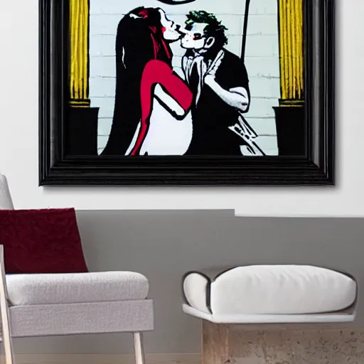 Image similar to banksy as joker and harley queen kissing, realistic content, detail content, paper border, 5 color