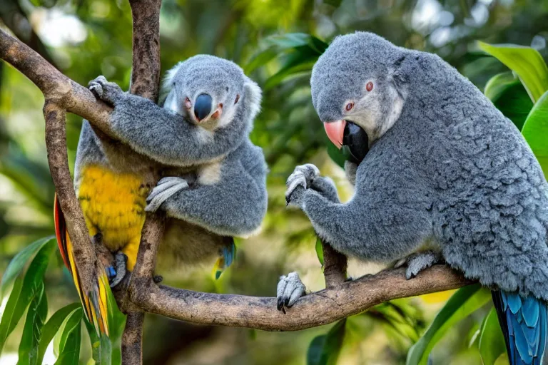 Image similar to award winning nature photograph of a parrot's beak on a cuddly koala in a tree. the koala is eating a eucalyptus leaf. focus on the beak. extreme detail, hyperrealistic photo, smooth, trending on artstation