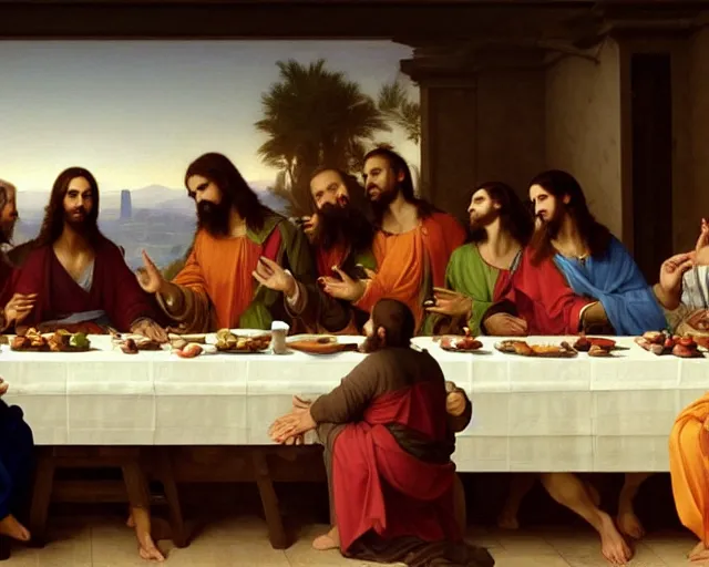 Prompt: beautiful glorious realistic oil painting of the last supper, jesus at center of the frame, baroque style by bouguereau, sunset, highly detailed and photorealistic, 8 k high detail and intricate