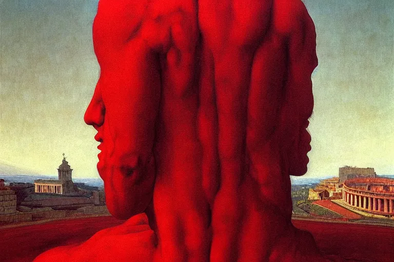 Image similar to only with red, caesar after war, a red tiger, in hoc signo vinces, rome in background, an ancient path, in the style of beksinski, part by hopper, part by rodcenko, part by hofbauer, intricate composition, red by caravaggio, insanely quality, highly detailed, masterpiece, red light, artstation