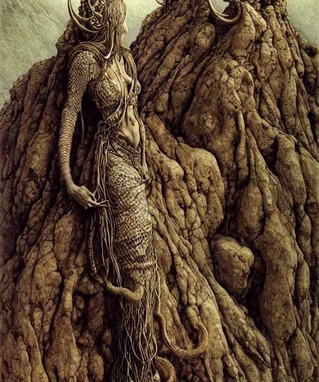 Image similar to A detailed horned snakewoman stands among the hills. Wearing a ripped mantle, robe. Perfect faces, extremely high details, realistic, fantasy art, solo, masterpiece, art by Zdzisław Beksiński, Arthur Rackham, Dariusz Zawadzki