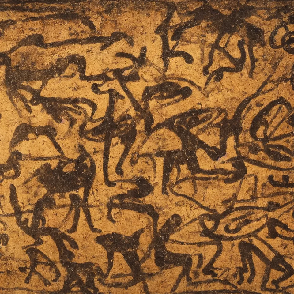 Prompt: a cave painting of an akai mpc 6 0, drum pads, maschine. lascaux cave paintings, chauvet