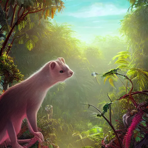 Image similar to a weasel in a jungle!, mist, tropical trees, vines, birds, sunset!, fluffy clouds, warm colors, beautiful lighting, digital art, intricate details, trending on artstation