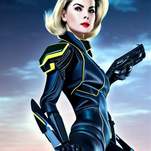 Image similar to A combination of Grace Kelly's and Ada Wong's and Ashley Greene's appearances with blonde hair wearing Interceptor's armor from Anthem, high tech, action shot, angular, full body portrait, futuristic, dramatic, fantasy, intricate, elegant, highly detailed, artstation, matte, sharp focus, 8K, art by Artgerm and Greg Rutkowski and Alphonse Mucha