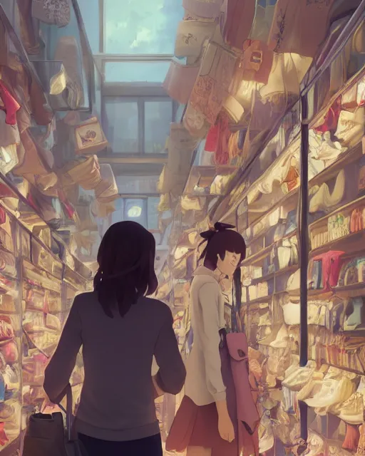 Prompt: a girl shopping for clothes, full shot, atmospheric lighting, detailed face, by makoto shinkai, stanley artger m lau, wlop, rossdraws, james jean, andrei riabovitchev, marc simonetti, krenz c