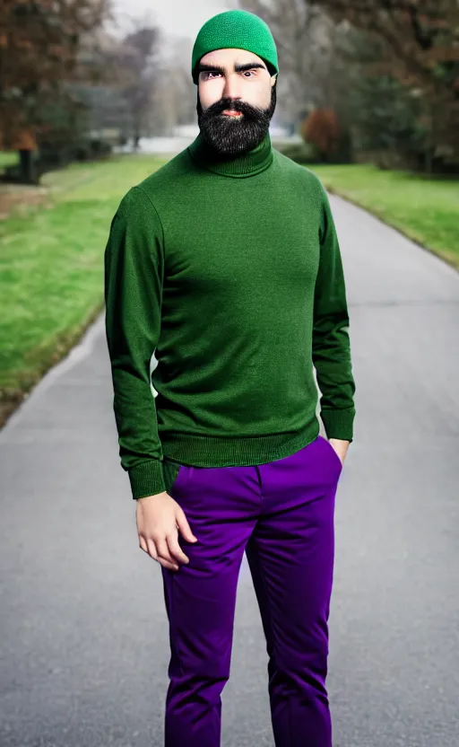 Prompt: a young man with a chin - style dark brown beard without mustache in a full black cap, light green turtleneck, purple pants and super white sneakers in full height, perfect face, mark vanderloo face, photography, ultra detailed, sharp focus, perfect eyes