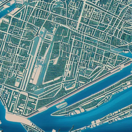 Prompt: a map of a technologically advanced city in a tropical island surrounded by water with a few ships stationed around it. architectural illustration, vienna secession, aerial shot