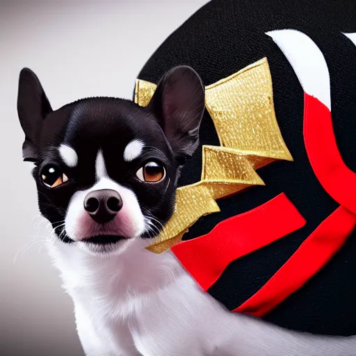 Prompt: photorealistic image of a fat black and white chihuahua dressed as wonder woman