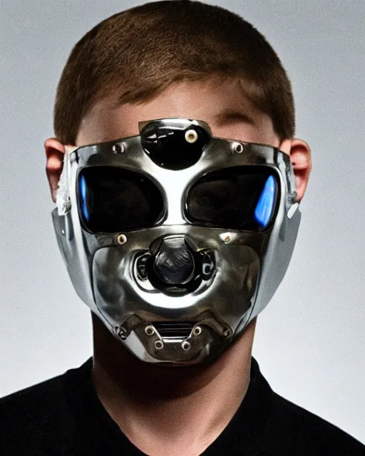 Image similar to young eminem wearing a futuristic mechanical mask with amber eye reflective lenses, and black leather body armor.