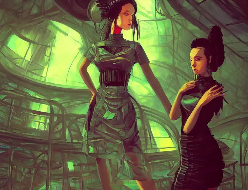 Prompt: aztec scifi pastry chef in a cloud forest cafe, wearing a lovely dress with cyberpunk elements. this oil painting by the award - winning mangaka has an interesting color scheme and impeccable lighting.