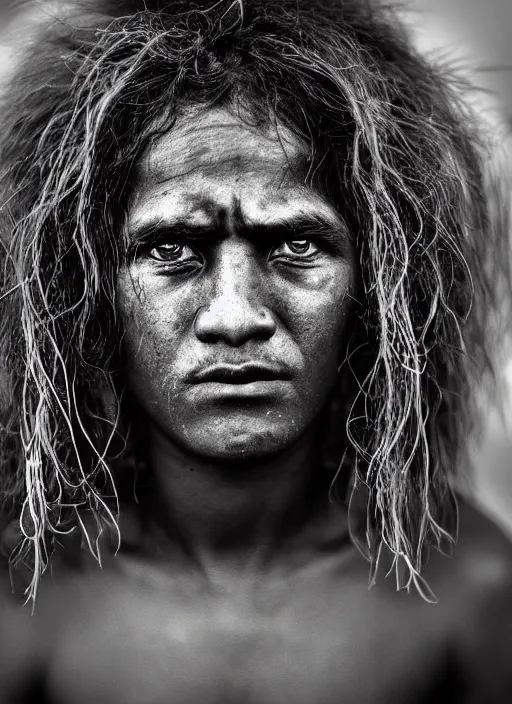 Image similar to Award winning Editorial photo of a Native Nauruans with incredible hair and beautiful hyper-detailed eyes wearing traditional garb by Lee Jeffries, 85mm ND 5, perfect lighting, gelatin silver process