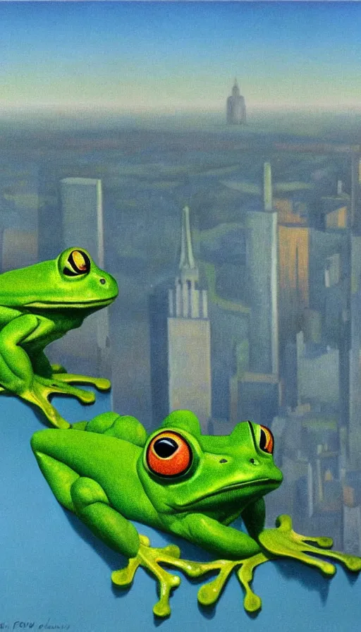 Prompt: cute frog with city in background by René Magritte, detailed, 4k