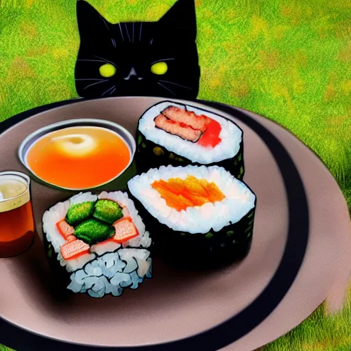 Prompt: a tray of sushi and a beer can on a big round garden table on a grassy terrace, a black cat. trending on artstation