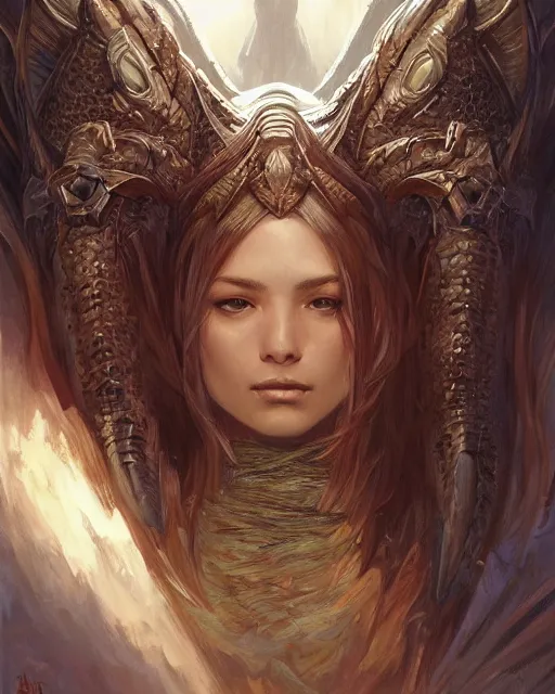 Image similar to Portrait of a draconic humanoid, HD, illustration, epic, D&D, fantasy, intricate, elegant, highly detailed, digital painting, artstation, concept art, smooth, sharp focus, illustration, art by artgerm and greg rutkowski and alphonse mucha, monster hunter illustrations art book