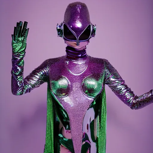 Image similar to hi - fructose mag photo, inside a futuristic detailed alien jungle made out of shiny reflective chrome, futuristic android with limbs made out of stretchy rubber tubing mixed with shiny colorful giant intricate detailed chrome gauntlets and chest piece and discoball mask, wearing a long purple velvet cape, fog and mist