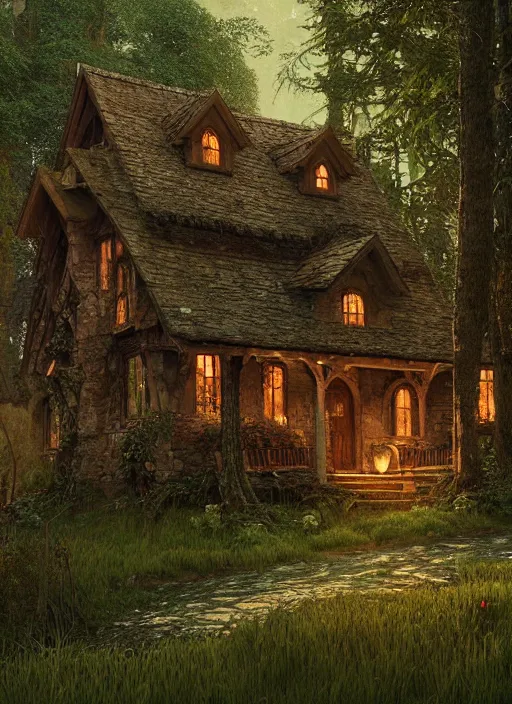 Image similar to hyper realistic homely witch cottage with random architectural styles, in the woods gorgeous lighting, highly detailed, lush forest painting by norman rockwell, james gurney zdzisław beksinski and norman rockwell and greg rutkowskiweta octane render