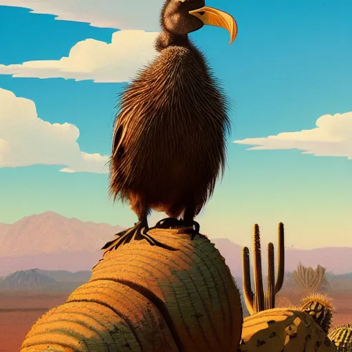 Prompt: A Dodo bird perched atop a Saguaro cactus in the desert, full body, digital art, trending on Artstation, high detail, sharp focus, illustration, art by artgerm and greg rutkowski and alphonse mucha.