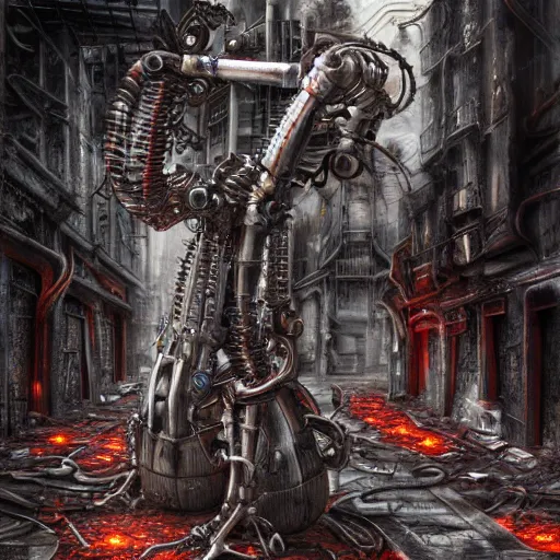 Prompt: flamethrower guitar robot standing in ruined street by Yoshitaka Amano, by HR Giger, biomechanical, 4k, hyper detailed, hyperrealism, anime, a Blood Moon rising on a Broken World, deviantart, artstation