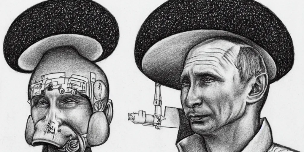 Prompt: vladimir putin wearing a nuclear mushroom cloud blast for a hat, cartoonish, ultra detailed pencil drawing