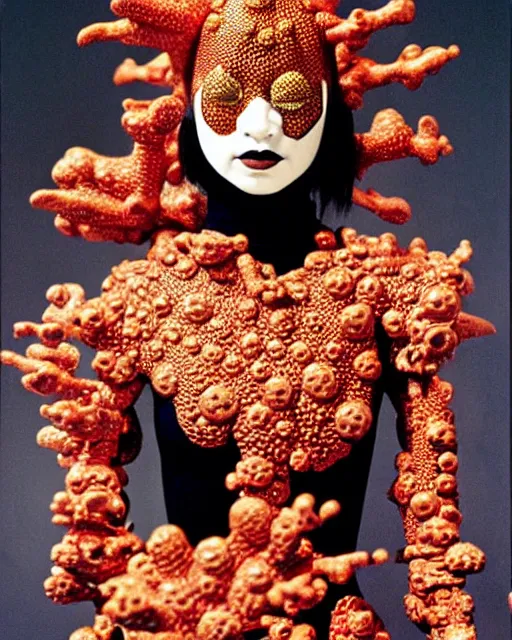 Image similar to portrait of a skinny punk goth yayoi kusama wearing armor by simon bisley, john blance, frank frazetta, fantasy, thief warrior, floral flowers colorful coral porcelain