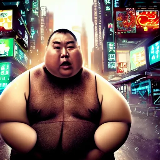 Image similar to very fat very obese half-chinese half-caucasian crime boss, scifi cyberpunk, movie still