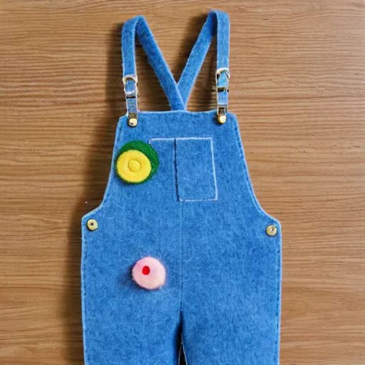 Prompt: a cute elegant felt plush doll wearing overalls