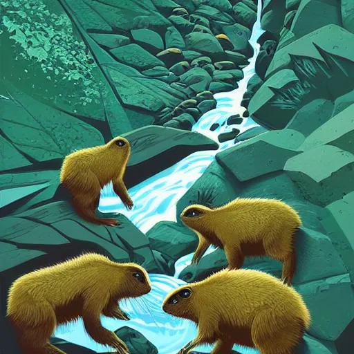 Image similar to painting by kilian eng of a group of marmots playing in a mountain stream, kilian eng