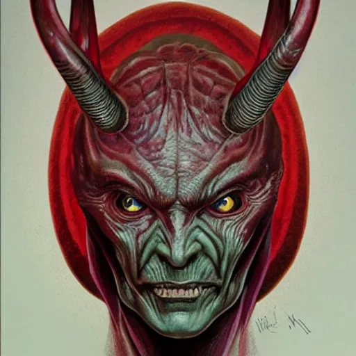 Image similar to realistic alien medium shot portrait with horns. red eyes, human eyes, background flames, by wayne barlowe