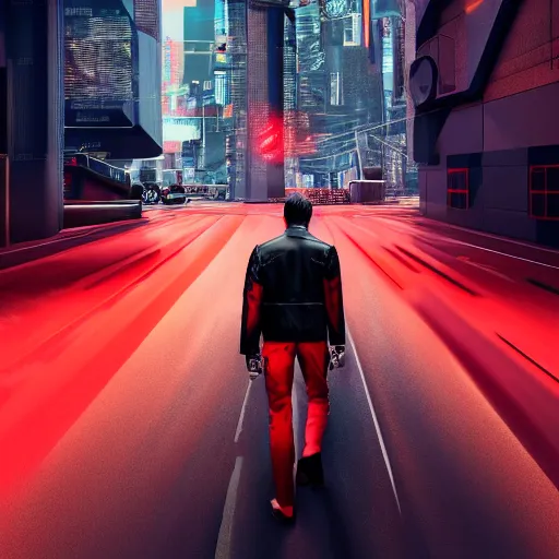 Image similar to isometric view of a man with a red jacket from back. walking towards a red futuristic motorbike on a wide road. photo realistic, hyper realistic, dramatic lighting, cyberpunk, ultra detailed, sharp focus, wide angle, digital illustration, trending on artstation