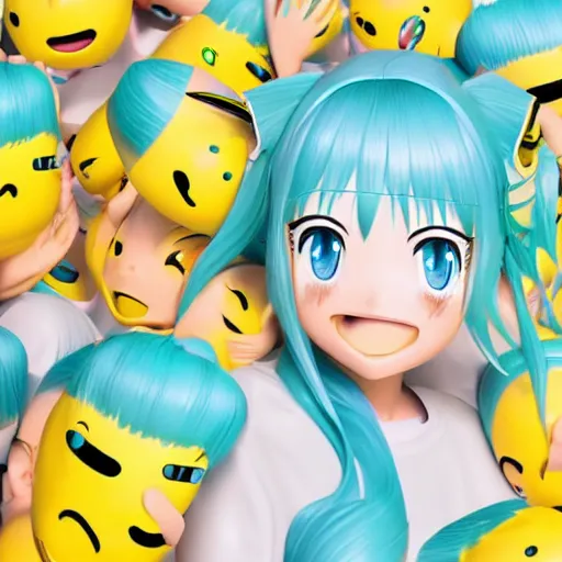 Prompt: Yellow Hatsune Miku emoji, cute facial expression and emotion, 3d render, specular, white background