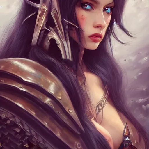 Image similar to fantasy woman, long black hair, red armor, blue eyes, highly detailed, perfect facial detail, beautiful, elegant, sharp focus, depth of field, ambient occlusion, high fantasy, style of artgerm, rutkowski, giacometti,