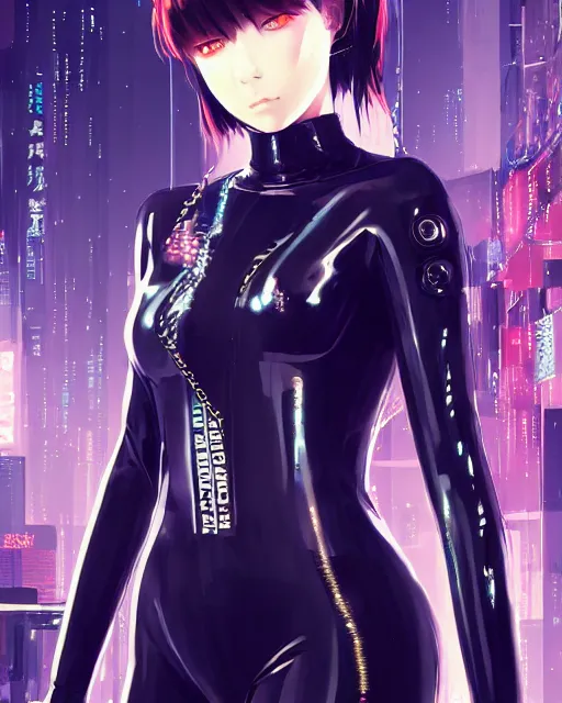 Image similar to kyoto animation, cool girl wearing cyberpunk intricate catsuit, beautiful, detailed portrait, cell shaded, 4 k, concept art, by wlop, ilya kuvshinov, artgerm, krenz cushart, greg rutkowski, pixiv. cinematic dramatic atmosphere, sharp focus, volumetric lighting, cinematic lighting, studio quality