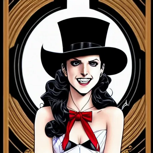 Image similar to beautiful Anna Kendrick Zatanna DC Comics on stage, wearing a top hat, symmetrical face symmetrical eyes, beautiful smile, intricate details, atmospheric, art by eiichiro oda, artgerm, Joshua Middleton art