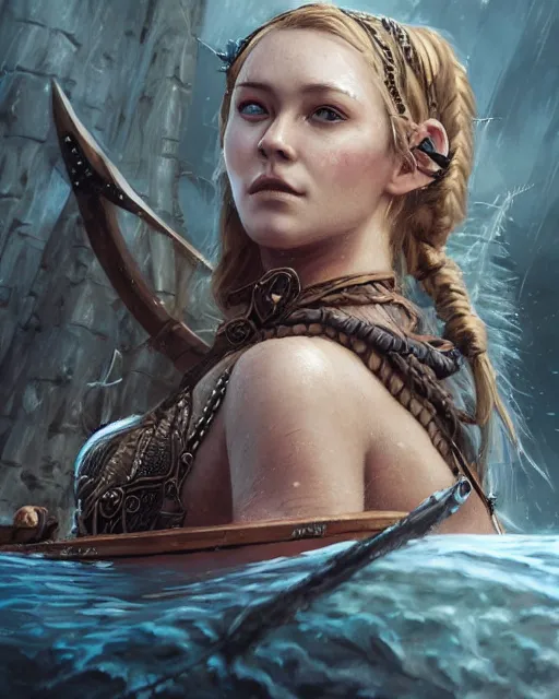 Image similar to A beautiful viking female warrior posing on a boat, bikini, perfect face, beautiful face, highly detailed face, close-up, fantasy woman, fantasy art, in the style of greg rutkowski, illustration, epic, fantasy, intricate, hyper detailed, artstation, concept art, smooth, sharp focus, ray tracing, profile shot