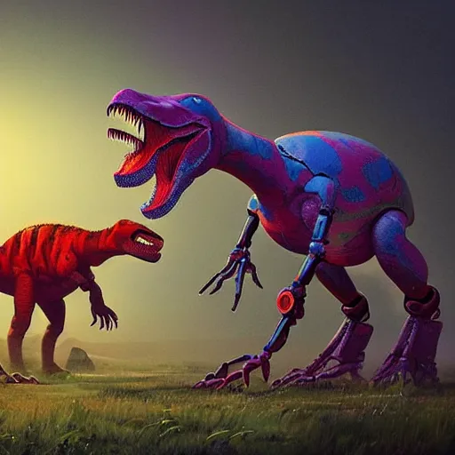 Prompt: a character art rendering of a brightly colored robot T-rex made of mechanical parts, cartoonish psychedelic paleoart rendering, realistic dinosaur cyborg in the style of greg rutkowski and simon stålenhag, made with zbrush