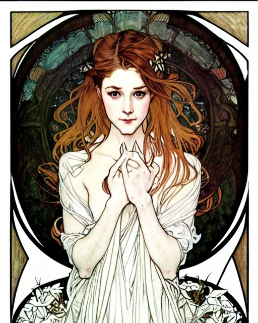 Prompt: in the style of artgerm, arthur rackham, alphonse mucha, evan rachel wood, symmetrical eyes, symmetrical face, flowing white dress