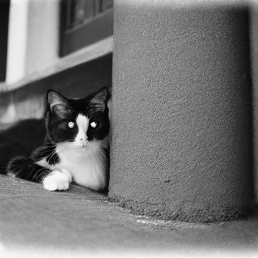 Prompt: A cat wearing a Pickelhaube helmet, Prussia, black and white, film grain, f 1.8