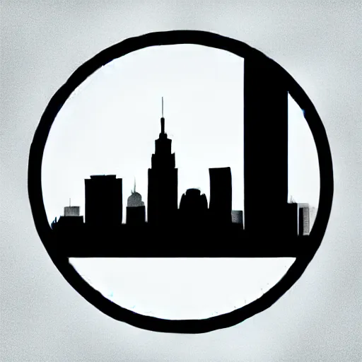 Image similar to a perfect circle where the inside is empty blank space and around the outer edge of the circle is the silhouette of a city skyline, black and white, minimalist, in the style of a line drawing