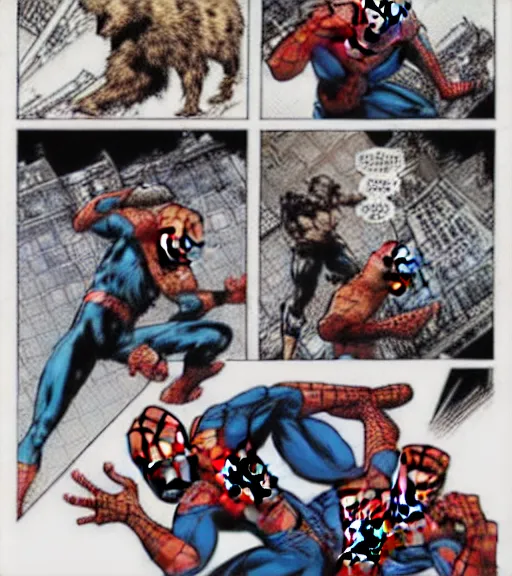 Prompt: a scene of spider - man wrestling a bear, comic book art, by yoji shinkawa and takehiko inoue and kim jung gi, masterpiece, perfect