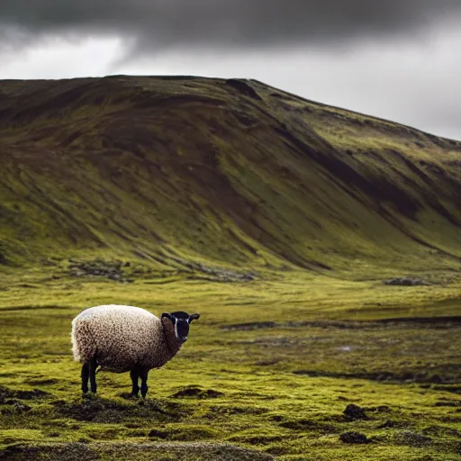 Image similar to portrait photo of a sheep wearing a sweater, iceland, grey sky, green hills, taken by Nikon, movie still,