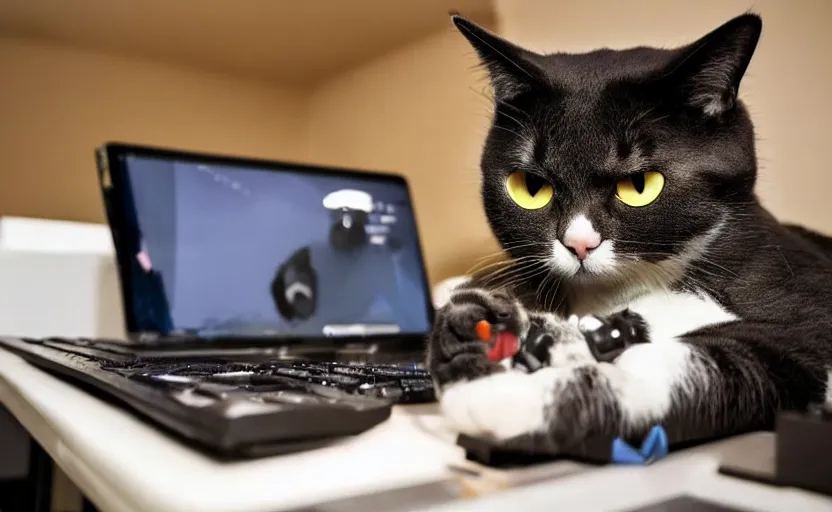 Prompt: a cat using a gaming computer, realistic