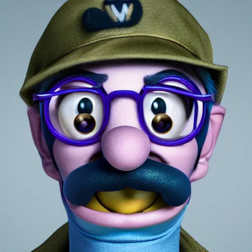 Image similar to stunning award winning hyperrealistic hdr 8 k highly detailed portrait photo of waluigi as a real human