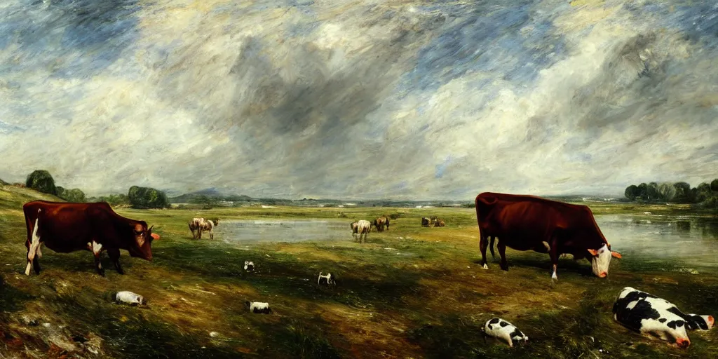 Prompt: Cows grazing near a lake by John Constable, 4k, trending on artstation