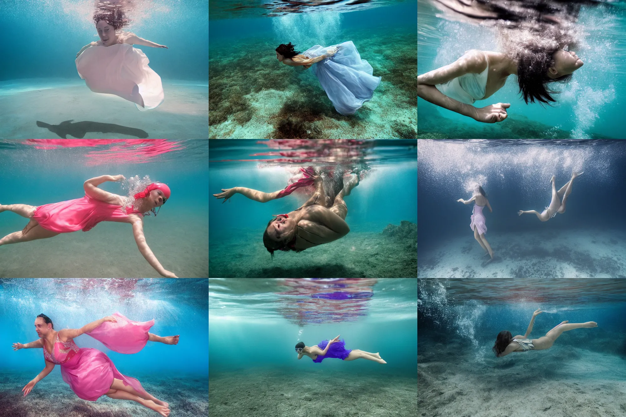 Prompt: An underwater photograph of a woman swimming with a dress on