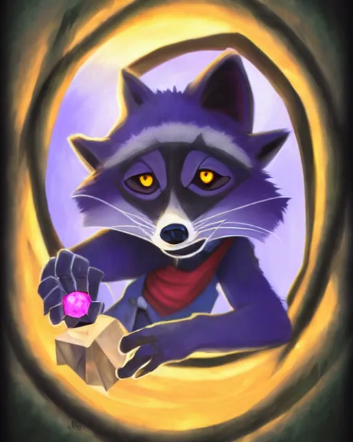 Image similar to 3 5 mm portrait of furry necromancer sly cooper raccoon holding a magical glowing gemstone in a crystal cave, d & d, magic the gathering, disney, pixar,