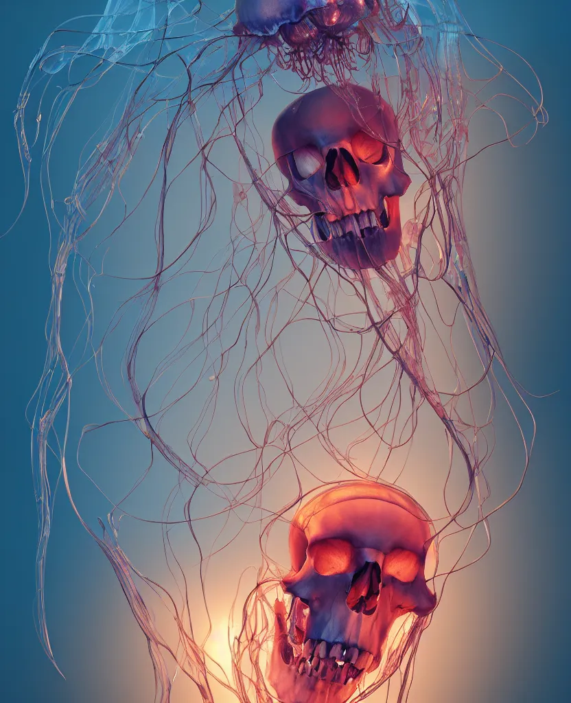 Image similar to composition of human skulls, animals skulls, bones, rib-cage. jellyfish orchids and betta fish, bioluminiscent, intricate artwork by Tooth Wu and wlop and beeple. octane render, trending on artstation, greg rutkowski very coherent symmetrical artwork. cinematic, hyper realism, high detail, octane render, 8k