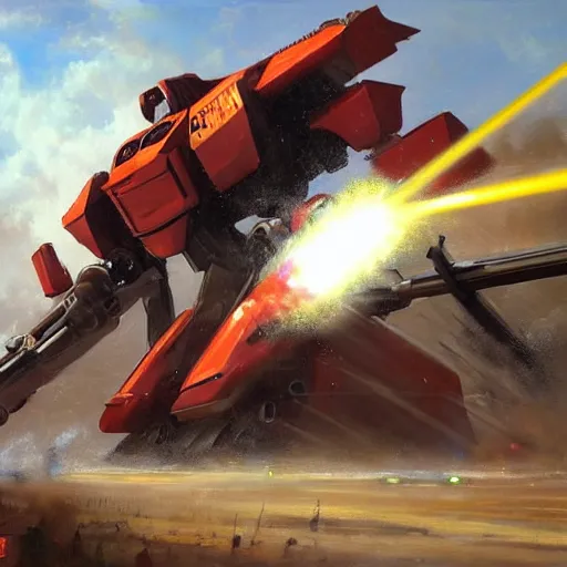 Image similar to Highly detailed oil painting, of a giant mech launching missiles, firing lasers and machine guns at a moving red sports car, concept art, highly detailed.